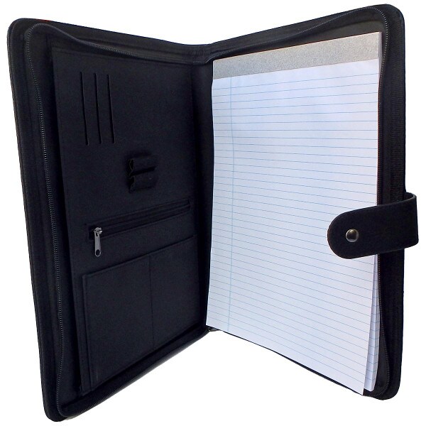 open zippered black portfolio with snap closure and ruled paper pad